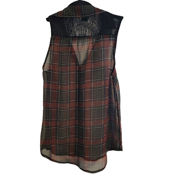 WET SEAL | Sheer Flannel Red & Green Sleeveless Blouse - Picture 6 of 9